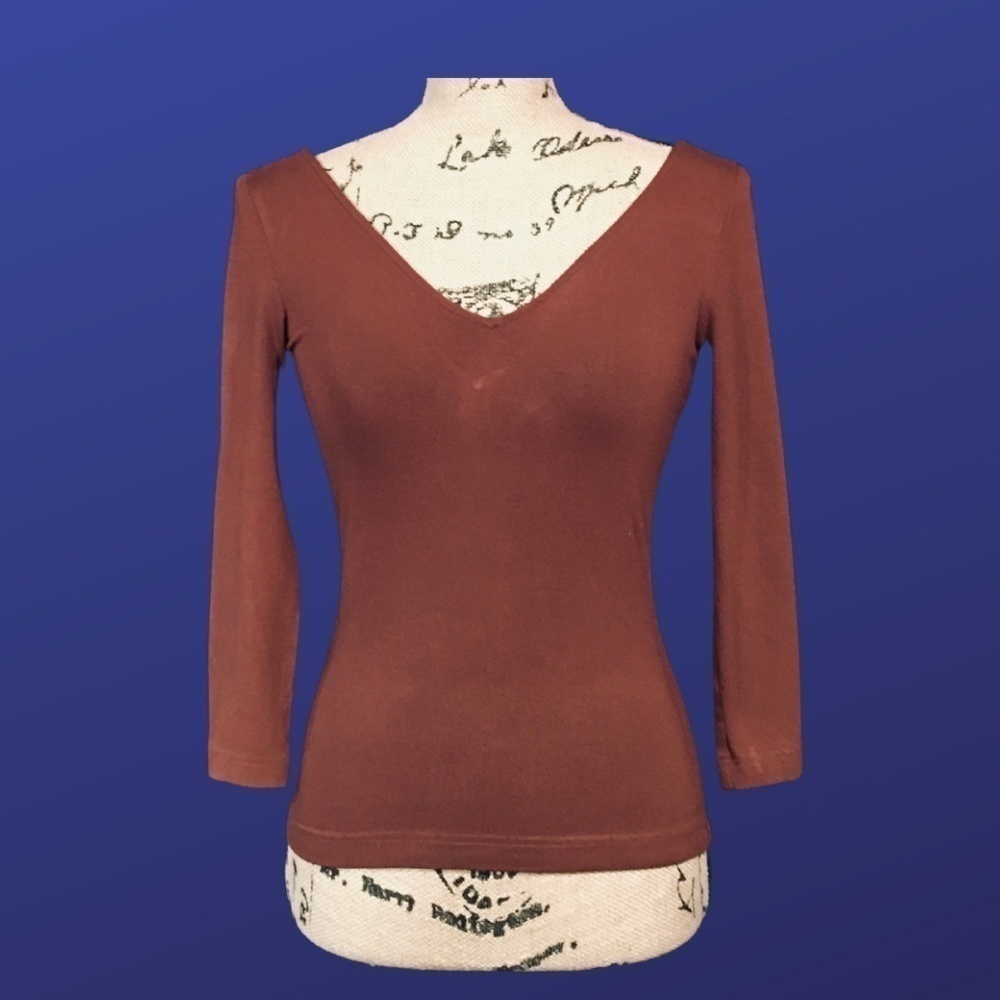 WORTH Pull-on Top Tee, 3/4 Sleeve, V-Neck, CHOCOLATE BROWN, Women’s Size XP, EUC